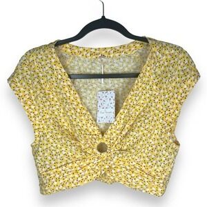 Free People Top Yellow Size Medium Linen Blend Festival Boho Coastal Summer NEW‎